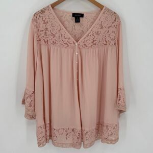 Karen Kane Lace Inset Top Semi Sheer Button Up V-Neck Pink Plus Women 2X‎ New